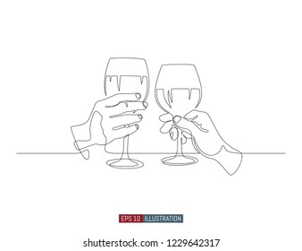 Continuous line drawing of hands holding wine glasses. Template for your design works. Vector illustration.