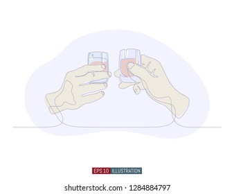 Continuous line drawing of hands holding glasses. Template for your design. Vector illustration.