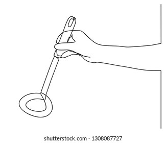 continuous line drawing of Hands holding a soup spoon. Isolated against a white background. hand holding a soup spoon in one line vector