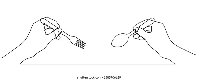 continuous line drawing of Hands holding a spoon and fork. Isolated against a white background. hand holding a spoon in one line. vector illustration isolated on white background