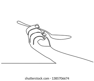 continuous line drawing of Hands holding a spoon. Isolated against a white background. hand holding a spoon in one line. vector illustration isolated on white background
