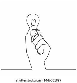 continuous line drawing of Hands holding a light bulb. hand holding a lamp in one line. vector illustration isolated on white background
