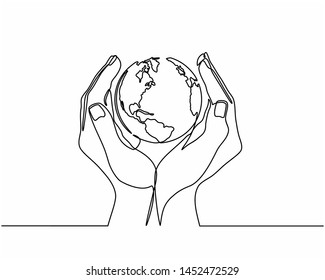 Continuous line drawing of hands holding Earth globe. Vector illustration isolated on white background