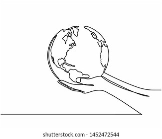 Continuous line drawing of hands holding Earth globe. Vector illustration isolated on white background