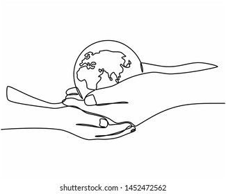 Continuous line drawing of hands holding Earth globe. Vector illustration isolated on white background