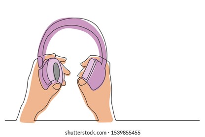 continuous line drawing of hands holding headphones