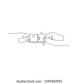 continuous line drawing of hands holding puzzle vector illustration