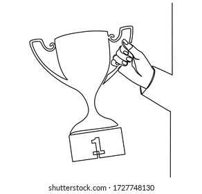 Trato continuo de las manos con el trofeo del ganador. Premio campeón, concepto de victoria deportiva. los hombres de negocios sostienen el trofeo. Éxito de la competencia, primer lugar, símbolo de la ceremonia de celebración.