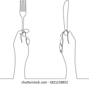 continuous line drawing Hands holding fork   knife vector illustration