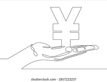 línea continua de dibujo de manos sosteniendo yenes. Icono de yenes, símbolo de moneda, icono de inversión, signo bancario, efectivo bancario. vector