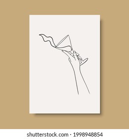 Dibujo continuo de líneas. Manos sosteniendo un vaso de vino. Perfecto para diseño de papelería, medios sociales, blogs, arte mural, decorar tu casa, diseño de empaques y también para otras ideas. EPS vectorial 10.