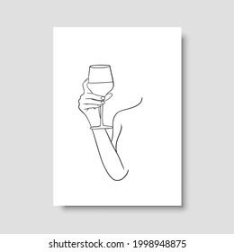Continuous line drawing. Hands holding a glass of wine. Perfect for stationery design, social media, blogs, wall art, decorating your home, packaging design and also for other ideas. Vector EPS 10.