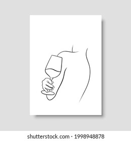 Continuous line drawing. Hands holding a glass of wine. Perfect for stationery design, social media, blogs, wall art, decorating your home, packaging design and also for other ideas. Vector EPS 10.
