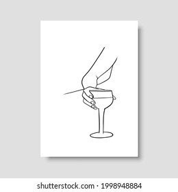 Durchgehende Zeilenzeichnung. Hände, die ein Glas Wein halten. Perfekt für Schreibwaren-Design, Social Media, Blogs, Tape-Kunst, Dekoration Ihres Zuhauses, Verpackungsdesign und auch für andere Ideen. Vektor EPS10.
