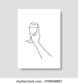Continuous line drawing. Hands holding a glass of wine. Perfect for stationery design, social media, blogs, wall art, decorating your home, packaging design and also for other ideas. Vector EPS 10.