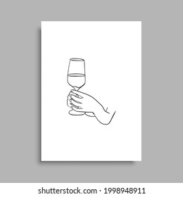Continuous line drawing. Hands holding a glass of wine. Perfect for stationery design, social media, blogs, wall art, decorating your home, packaging design and also for other ideas. Vector EPS 10.