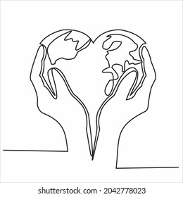 Continuous line drawing of hands holding Earth globe. Vector illustration isolated on white background
