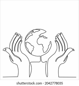 Dibujo continuo de las manos en el globo terrestre. Ilustración del vector aislada en fondo blanco