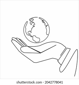 Dibujo continuo de las manos en el globo terrestre. Ilustración del vector aislada en fondo blanco
