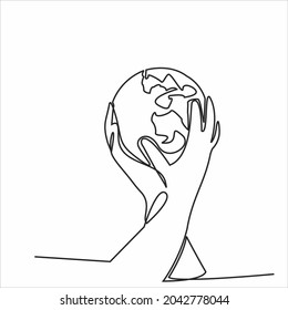 Continuous line drawing of hands holding Earth globe. Vector illustration isolated on white background