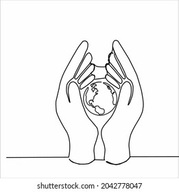 Continuous line drawing of hands holding Earth globe. Vector illustration isolated on white background