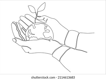 Continuous line drawing of hands holding globe with plants vector illustration