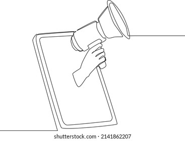 Continuous line drawing of Hands holding megaphone from smartphone screen. Vector illustration.