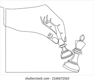 continuous line drawing hands holding the figure chess piece   knocking out the queen  Strategy business concept   checkmate game  vector illustration