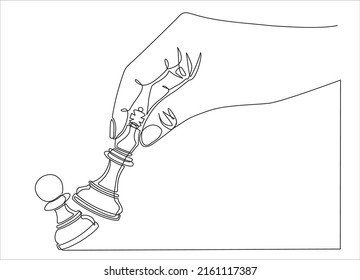continuous line drawing of hands holding the queen figure  and knocking out  of a chess piece. Strategy business concept and checkmate game. vector illustration