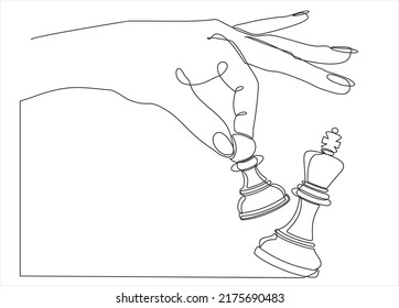 continuous line drawing of hands holding the figure of a chess piece and knocking out the queen. Strategy business concept and checkmate game. vector illustration