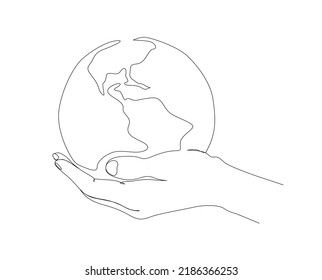 Continuous line drawing of Hands Holding Earth Globe. Single one line drawing of hands hold globe.