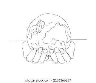 Continuous line drawing of Hands Holding Earth Globe. Single one line drawing of hands hold globe.