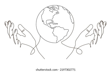 Continuous line drawing of hands holding terrestrial globe. Vector illustration isolated on white background.