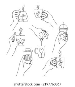 Continuous line drawing of hands holding assorted cups of tea of coffee. Concept of a hot drink. Great for card, party invitation, print, menu, logo, poster. Sketch, line art. Minimalism. Vector