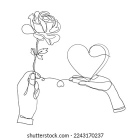 línea continua dibujando manos sosteniendo la ilustración de rosa y amor