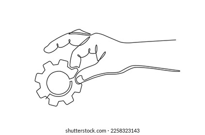 Continuous line drawing of hands holding metal gears. hand drawn metal gears concept in one line doodle style. suitable for technology marketing, industrial, automotive doodle style