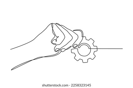 Dibujo continuo de la línea de las manos con los engranajes metálicos. concepto de engranajes metálicos dibujados a mano en un estilo de doodle de línea. adecuado para el marketing tecnológico, industrial, estilo de doodle automotor