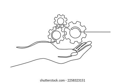 Continuous line drawing of hands holding metal gears. hand drawn metal gears concept in one line doodle style. suitable for technology marketing, industrial, automotive doodle style