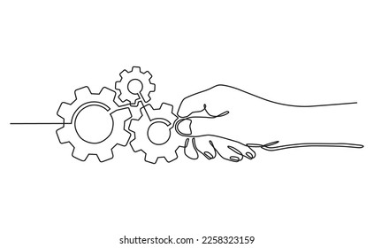 Dibujo continuo de la línea de las manos con los engranajes metálicos. concepto de engranajes metálicos dibujados a mano en un estilo de doodle de línea. adecuado para el marketing tecnológico, industrial, estilo de doodle automotor