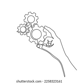 Continuous line drawing of hands holding metal gears. hand drawn metal gears concept in one line doodle style. suitable for technology marketing, industrial, automotive doodle style