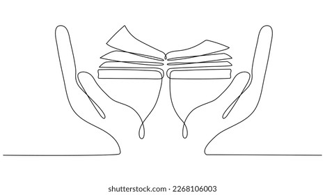 Continuous line drawing hands holding open book. Education linear symbol in human arms. Vector illustration isolated on white.
