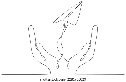 Línea continua dibujando manos sosteniendo un avión de papel volador. Ilustración vectorial aislada en blanco.