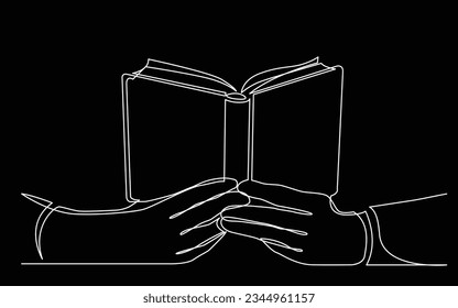 continuous line drawing of hands holding open book