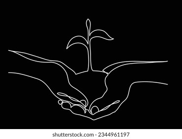 continuous line drawing of hands holding growing plant