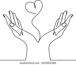 Línea continua de dibujo de manos sosteniendo corazón amor ilustración vectorial