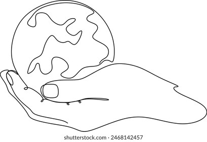 Continuous line drawing of hands holding a globe. Vector illustration isolated on white background. Without artificial intelligence