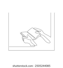 Continuous line drawing. Hands holding the bible book. Writing on blank notebook, top view, one line drawing continuous vector.