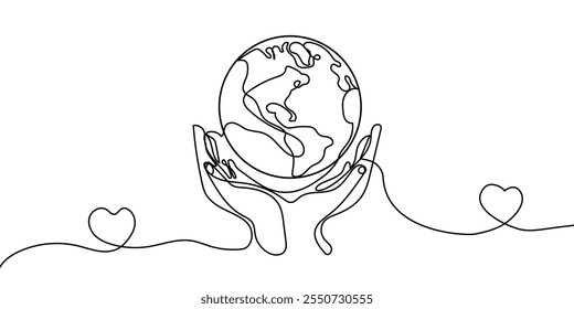 Dibujo continuo de líneas de manos sosteniendo el globo terráqueo. Ilustración vectorial aislada sobre fondo blanco