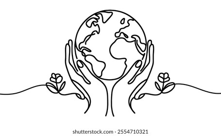 Continuous line drawing of hands holding Earth globe. Vector illustration isolated on white background.