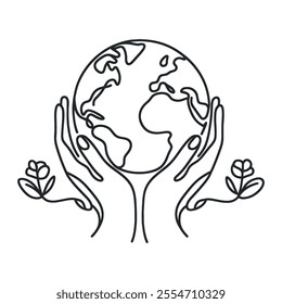 Continuous line drawing of hands holding Earth globe. Vector illustration isolated on white background.